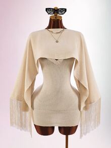 Amplova Women's Solid Color Dress And Tassel Design Cape Top Knit 2 Pieces Set - Apricot - View 3