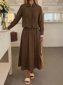 DAZY 春夏女款優雅蕾絲拼接口袋襯衫與裙子兩件套 - 棕色 - 查看 5