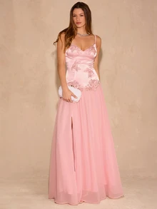 Enchnt Premium Winter Romantic Women's Elegant Pink Applique Decorated Ruffle Hem Party Prom Dress,Thanksgiving,Luxury Wedding Evening Dress,Christmas - Baby Pink - View 3
