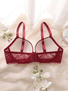 DelicateAllure Underwire Molded Cup High Support Push Up Lift Comfy Balconette Lace Trim Mesh Patchwork Pure Romantic Elegant Exquisite Plus Size Bra - Red - View 2