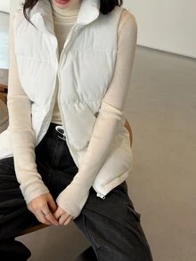K-Vae Women's Autumn/Winter Stand Collar Zipper Sleeveless Padded Vest Jacket - Beige - View 7
