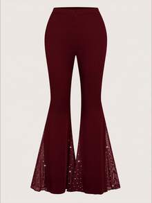 Sweetra Plus Size Sexy Sequin Lace Patchwork Flared Pants - Burgundy - View 1