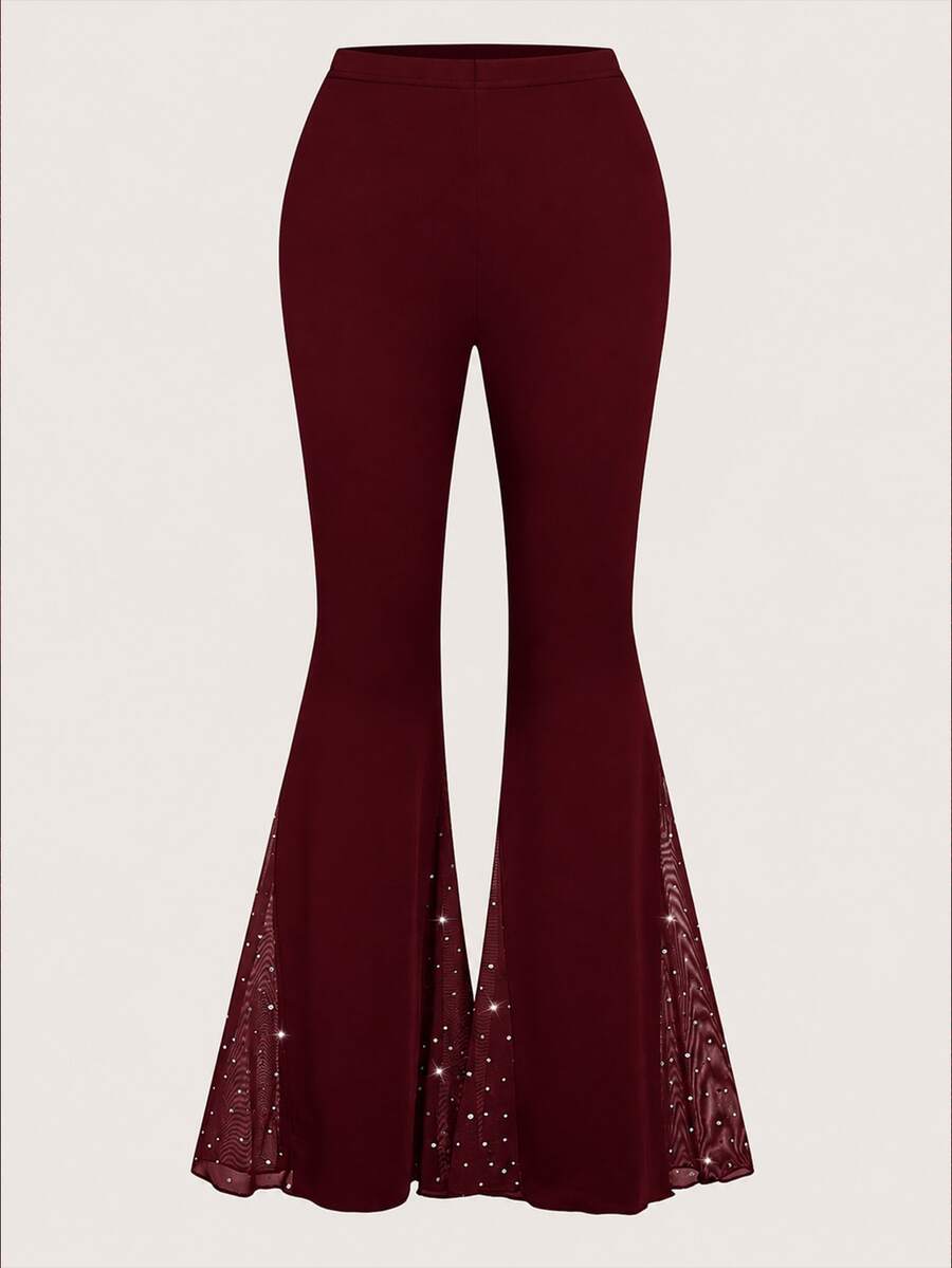 Sweetra Plus Size Sexy Sequin Lace Patchwork Flared Pants - Burgundy - View 1