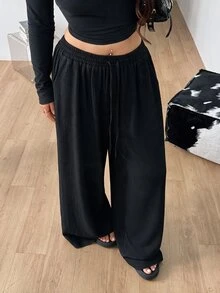 Coolane 女款大尺碼夏秋度假優雅正式休閒波西米亞風抽繩腰鬆身長褲 高腰巧克力黑 - 黑色 - 查看 7