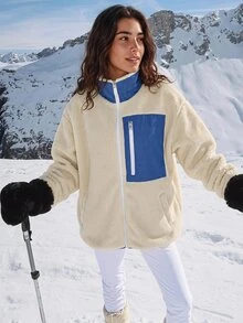 Exploreva Women's Colorblock Zipper Front Fleece Outdoor Jacket - Beige - View 3