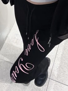 FRIFUL Women's Letter Print Drawstring Waist Casual Flare Leg Pants Fall - Black - View 7