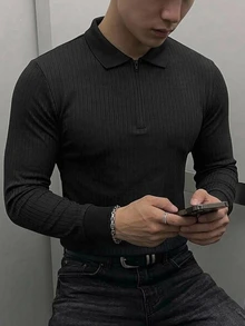 DAZY 男士長袖黑色 Polo 領修身通勤針織上衣，彈性面料，春秋款 - 黑色 - 查看 9