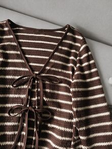 SHEIN LUNE 休閒女款秋冬條紋棕色長袖上衣 秋季女裝休閒襯衫 外出穿搭上衣 棕色上衣 - 彩色 - 查看 3