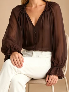 Juhart Plus Size Deep Brown Chiffon Blouse With Frill Trim, Gathered Stand Collar And Tie Detail - Coffee Brown - View 4