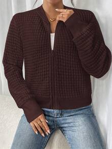 SHEIN Frenchy 女款純色長袖拉鍊領休閒棒球夾克，適合秋冬/春季 - 棕色 - 查看 3