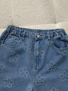 青少年女孩夏季新款花卉刺繡時尚收腰設計寬鬆寬腿牛仔褲休閒百搭簡約直筒水洗中藍色舒適牛仔褲柔軟棉質面料修身不束縛適合日常上學度假感恩節聖誕節或開學季 - 淺色水洗藍 - 查看 6