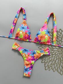SHEIN Swim Women's Sexy Beach Vacation Bikini Set, Spring/Summer, Multi-Color Fashion Popular Colors, Halter Tie + Back Tie Bikini Top, Sexy Ruched Back + Side Ruched Waist Design Bikini Bottom, Street Style Music Festival Party Pool Swimsuit - Multicolor - View 7