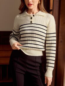 Vintamour Cream White & Black Ribbed Ribbed Polo Collar Knit Sweater, Loose Fit Long Sleeve For Women - Black and White - View 7