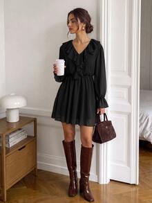Easowa Women's Solid Color Ruffle Collar Long Sleeve Fashion Short Dress - Black - View 1