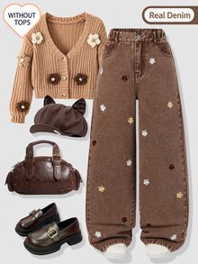 SHEIN Genkimix Kids Tween女孩牛仔褲 2025秋冬新款 女孩寬腿牛仔褲 新到貨 可愛愛心刺繡 寬鬆牛仔褲 復古做舊牛仔色 Y2K學院風街頭休閒可愛復古 刺繡圖案破洞 粉色愛心圖案刺繡 - 咖啡棕 - 查看 3