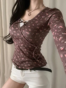 DAZY Floral Patchwork Colorblock 2 In 1 Diagonal Collar Tie-Up Long Sleeve Casual Vacation Korean Style Girl Daily Versatile Spring Autumn Top Women's T-Shirt - Brown - View 5
