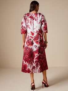 LOTSLUV Women's Autumn Elegant Commute, Red And White Landscape Positioning Print, Round Neck Puff Sleeve, Loose Fit Printed Short Dress - Red and White - View 2