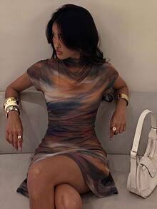 Firerie 女款優雅通勤棕色紮染立領百褶迷你洋裝，初秋棕色洋裝 - 棕色 - 查看 5