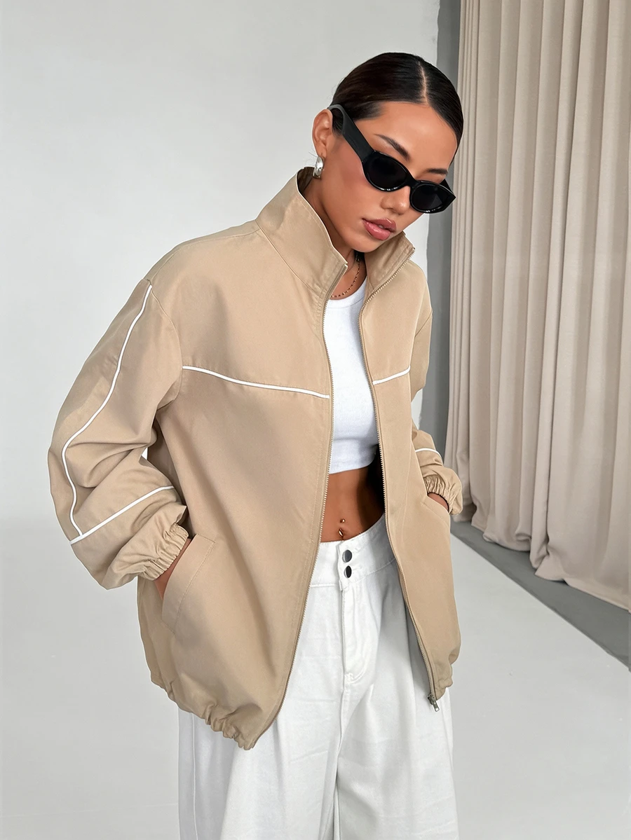 StreetHx Zip-Up White Sports Jacket With Stripe Trim Decor - Khaki - View 1