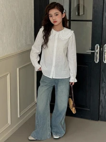 Dazy Kids Tween女孩秋季服飾 蕾絲娃娃臉泡泡袖長袖甜美襯衫 - 白色 - 查看 3