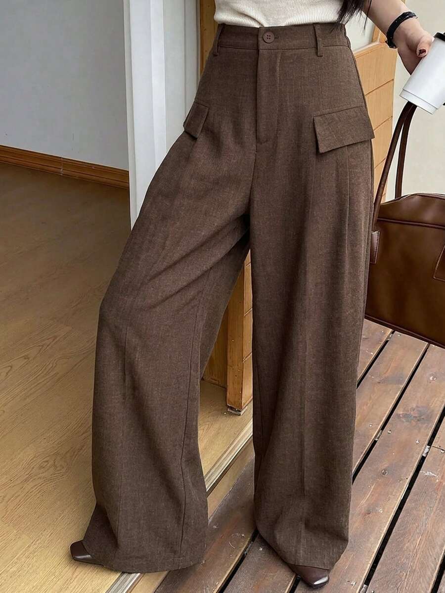 DAZY 秋冬高腰咖啡色翻蓋口袋設計寬鬆寬腿工裝休閒街頭風女款長褲 - 咖啡棕 - 查看 1