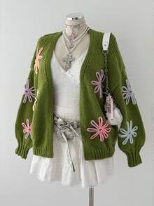 Sunspun Plus Size Vacation Fashion Embroidered Long Sleeve Knit Cardigan - Green - View 3