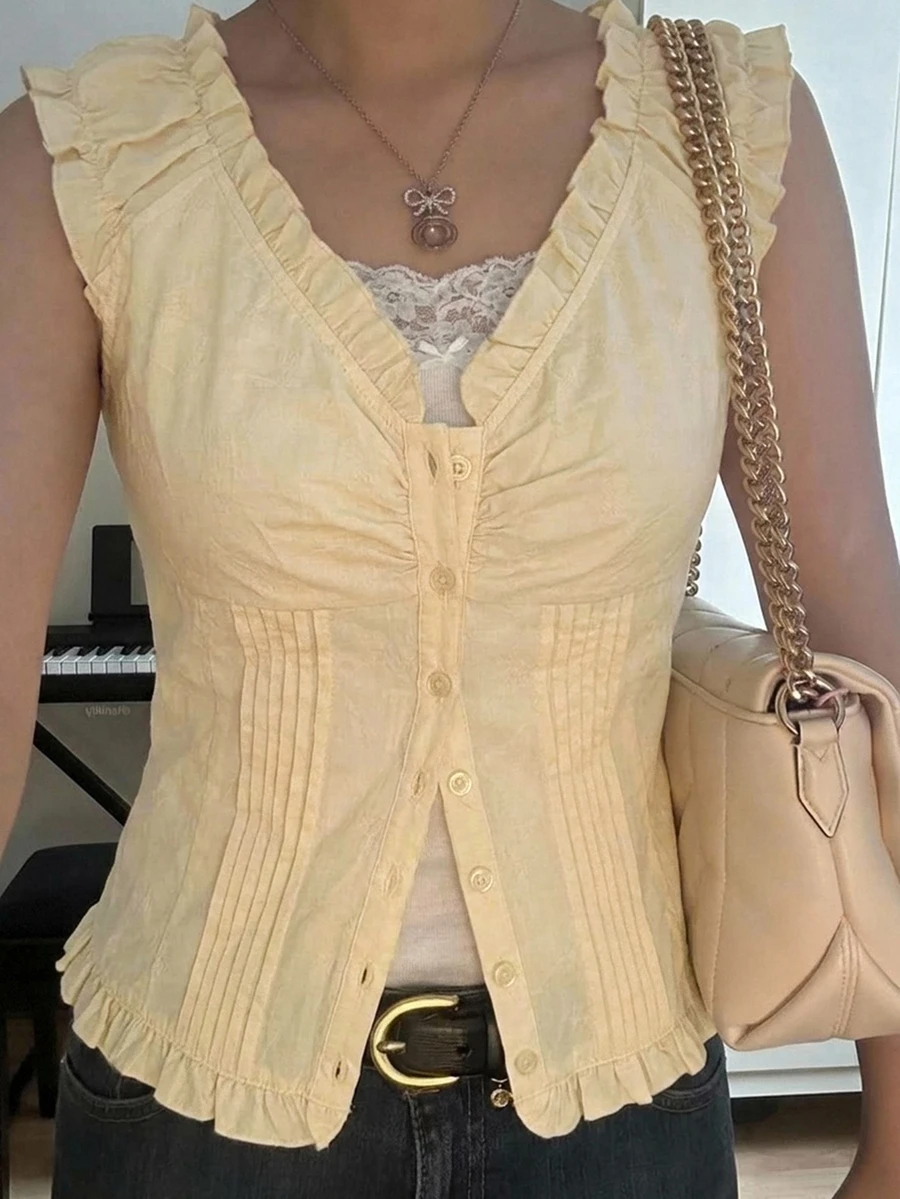 Livesso Pale Yellow Round Neck Sleeveless Solid Color Slim Fit Elastic All-Match Casual Cute Romantic Versatile Women's Tank Top Brunch Summer Everyday Date - Yellow - View 1