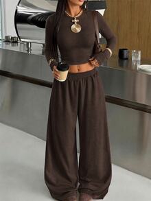 SHEIN EZwear طقم نسائي بلون موحد بأكمام طويلة و بنطال كاجوال للاستخدام اليومي - بني - مشاهدة 6