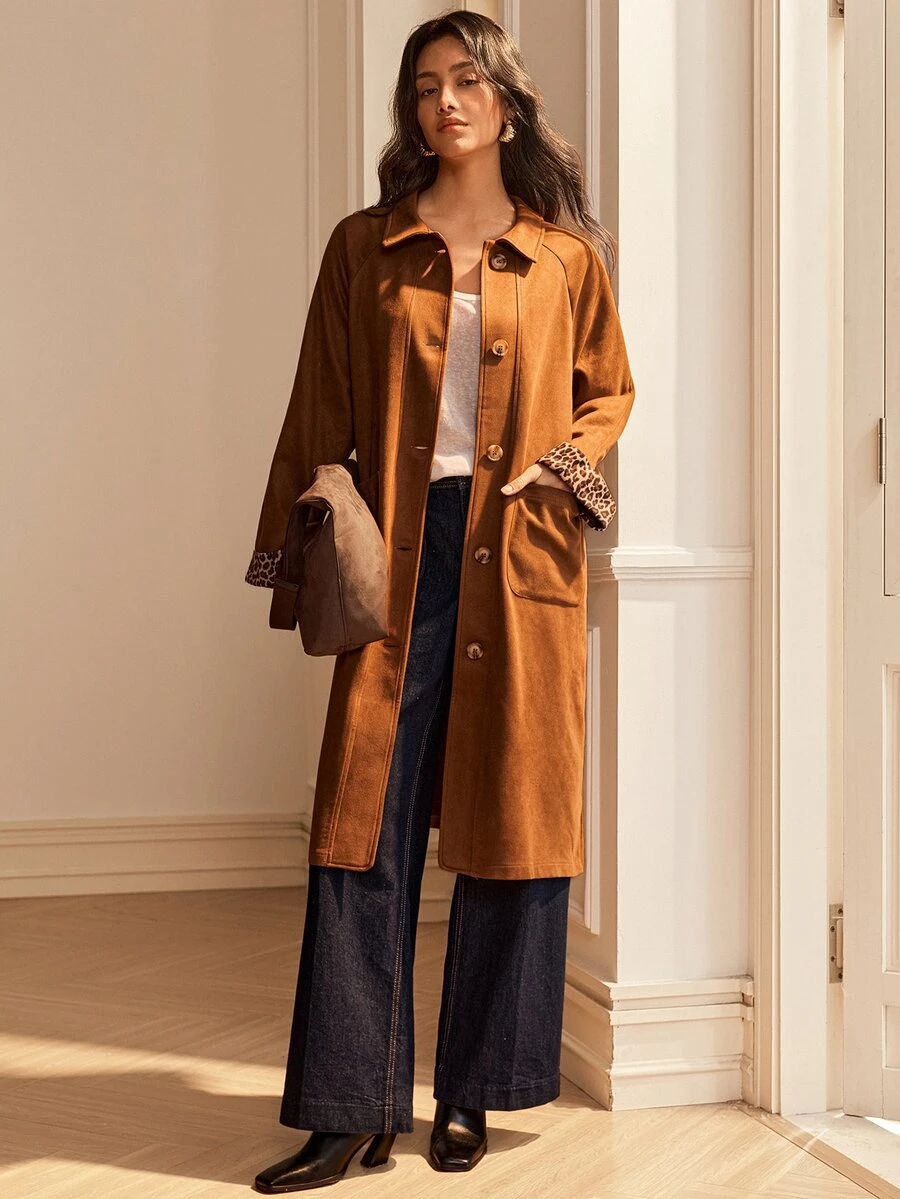 Écloséra French Style Brown Mid-Length Coat With Leopard Print Patchwork Cuffs, Vintage Casual Elegant Fall/ Jacket Office - Brown - View 1