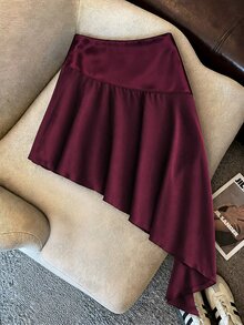 SHEIN EZwear Maillard 高端性感浪漫優雅風 不對稱拼接緞面緞帶裙 約會之夜 派對 秋季 新年 聖誕 - 酒紅色 - 查看 2