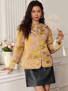 EastFlair Women's New Chinese Style Elegant Jacquard Frog Button Open Front Jacket Dinner Date Night Pink And Gold Fall Fall/Winter Chinese Style - Multicolor - View 7