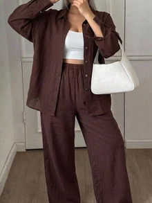 Dazy Plus Fun Commute Office Casual Solid Color Loose Fit Spring/Autumn New 2 Pieces Set - Brown - View 1