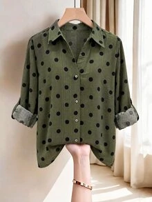 EMERY ROSE Women's Fall French Chic Casual Bohemian Vacation Commute Office Middle Eastern Faux Linen Green Polka Dot Print V-Neck Button-Front Long Sleeve Shirt - Army Green - View 4