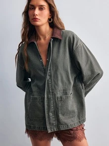 Willow Rêve Jaket Denim Hijau Wanita dengan Kerah Korduroi Kontras, Potongan Longgar - Hijau Tentara - View 7