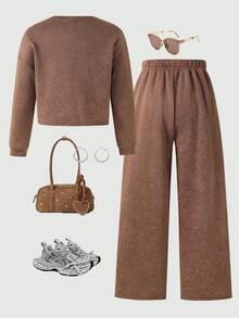 SHEIN Setelan 2 Potong untuk Remaja Perempuan: Sweatshirt Rajut Warna Polos Kerah Bulat Longgar dan Celana Panjang Longgar Model Lurus - Grey - View 4