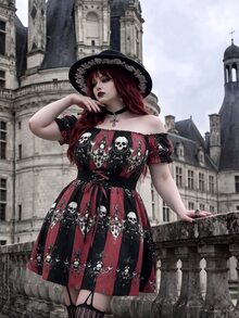 Whyspr Gaun Ukuran Plus Terbaru untuk Halloween, Model A-Line dengan Motif Tengkorak, Bahu Terbuka, Patchwork Renda, dan Potongan Pinggang yang Mengencangkan. - MultiWarna - View 4