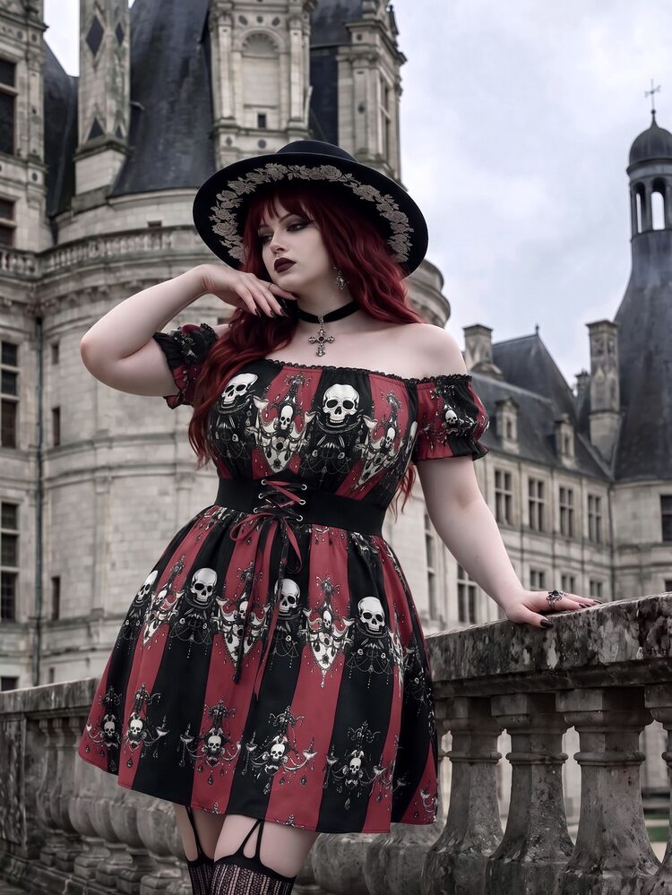 Whyspr Gaun Ukuran Plus Terbaru untuk Halloween, Model A-Line dengan Motif Tengkorak, Bahu Terbuka, Patchwork Renda, dan Potongan Pinggang yang Mengencangkan. - MultiWarna - View 4