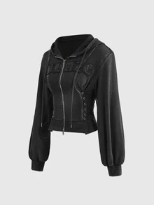 ROMWE Street Life Dark Grey Street Style Slimming Hooded Sweatshirt With Letter Patch Embroidery For Women - Dark Grey - View 5