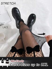 SHEIN CURVE+ مجموعة جوارب حريرية أنيقة ومثيرة مع فيونكة للمقاسات الكبيرة - الأسود - مشاهدة 2
