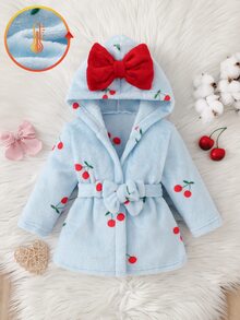 SHEIN 秋冬新生兒白色底可愛紅色櫻桃印花雙面法蘭絨毛絨蝴蝶結睡袍 - 藍色 - 查看 7
