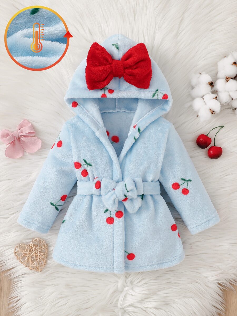 SHEIN Autumn/Winter Newborn Bathrobe White Base Cute Red Cherry Print Double-Sided Flannel Plush Bowknot Sleepwear - Blue - View 1