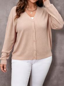 EMERY ROSE Plus Size Solid Color V-Neck Long Sleeve Cardigan - Apricot - View 7