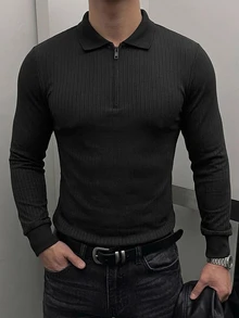 DAZY 男士長袖黑色 Polo 領修身通勤針織上衣，彈性面料，春秋款 - 黑色 - 查看 3
