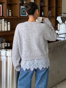 Muchica 女款純色圓領落肩長袖蕾絲下擺寬鬆毛衣 - 淺灰色 - 查看 2