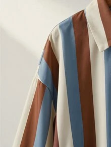 SHEIN LUNE Büyük Beden Minimalist Günlük Çizgili Renk Bloklu Düğmeli Gömlek - Çok renkli - Görünüm 3