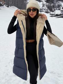 SHEIN Clasi Two-Tone Reversible Padded Zipper Front Pockets Drawstring Hood Vest Jacket - Navy Blue - View 4