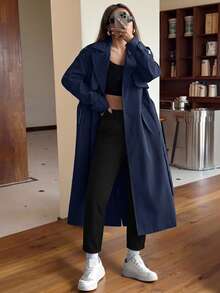 SHEIN EZwear 1件女款素色梭織長版繫帶前開扣風衣外套，秋冬款 - 藏蓝色 - 查看 1