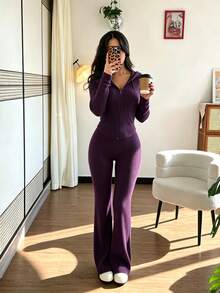 SHEIN Raffinéa 女款休閒時尚日常百搭連帽衛衣，收腰設計附口袋，搭配喇叭羅紋針織長褲，2件套，秋冬款 - 紫色 - 查看 4