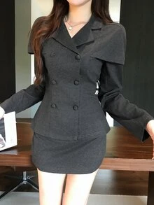 DAZY Autumn/Winter Double-Breasted Shawl Collar Waist-Cinching Wool Blazer & Bodycon Short Skirt Elegant Commute Date Office Women 2 Pieces Set - Grey - View 10