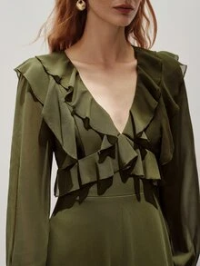Aveloria Modichic European And American Style Autumn/Winter New Fashion Versatile Solid Color Chiffon V-Neck Elegant Commute Design Multi-Layer Ruffle Hem Women's Long Dress - Army Green - View 2